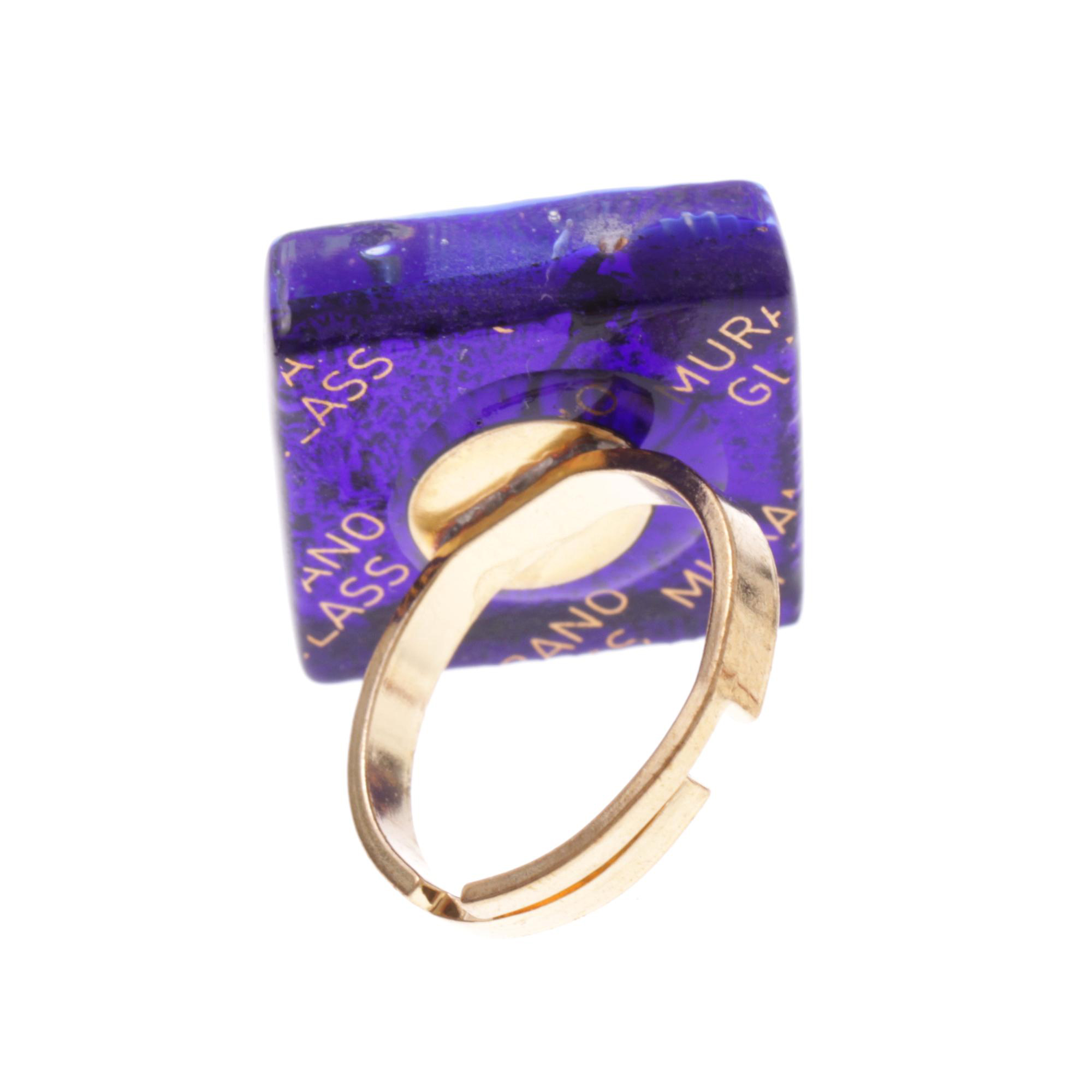 Quadratischer Murano Glas Ring "Violetta"-blau-gold