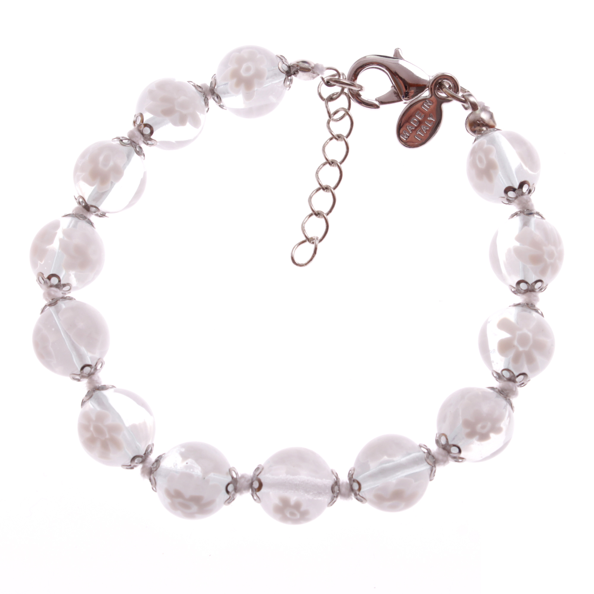 Erlesenes Murano Glas Armband "Concento uni" Mille Fiori 10mm-weiß silber
