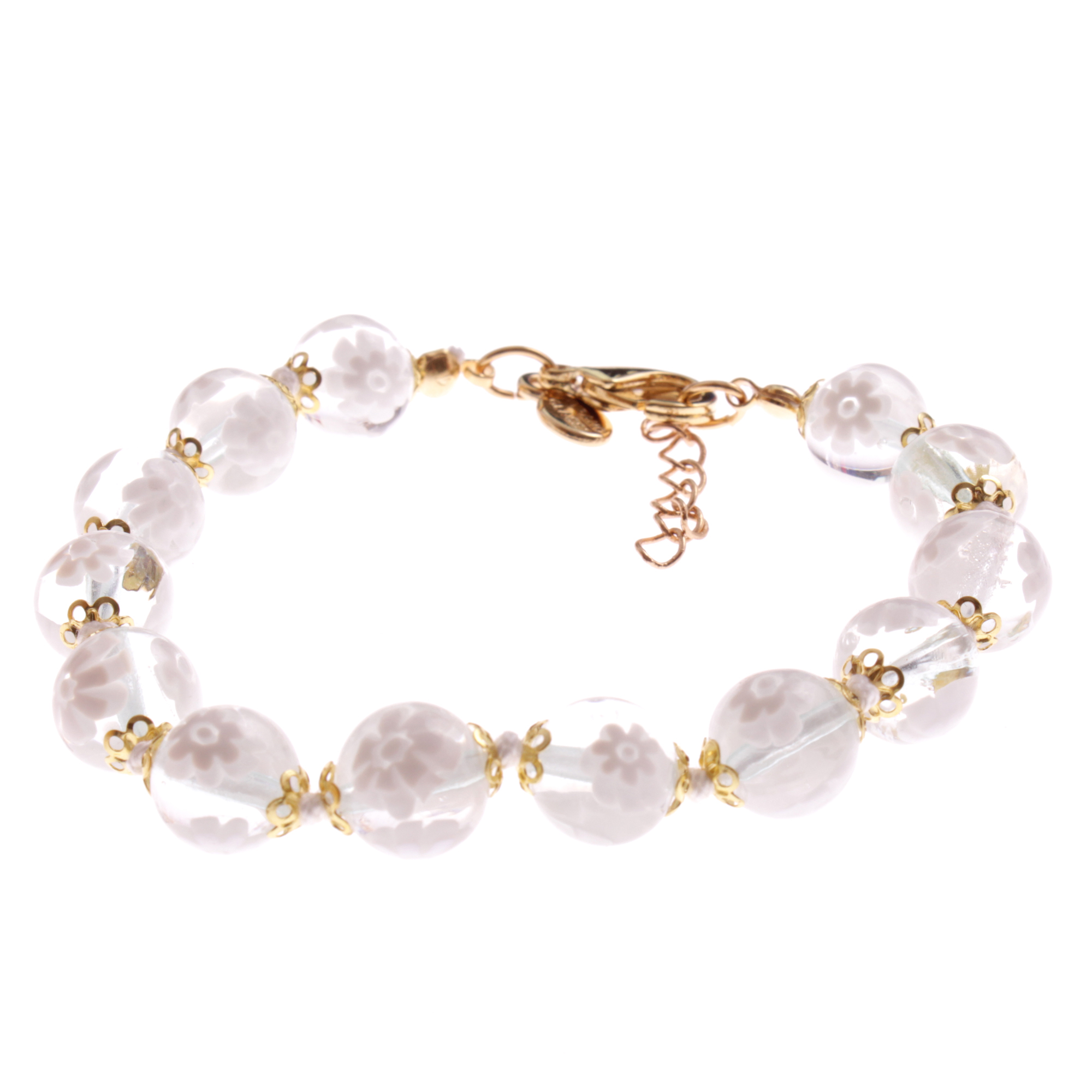 Erlesenes Murano Glas Armband "Concento uni" Mille Fiori 10mm-weiß gold