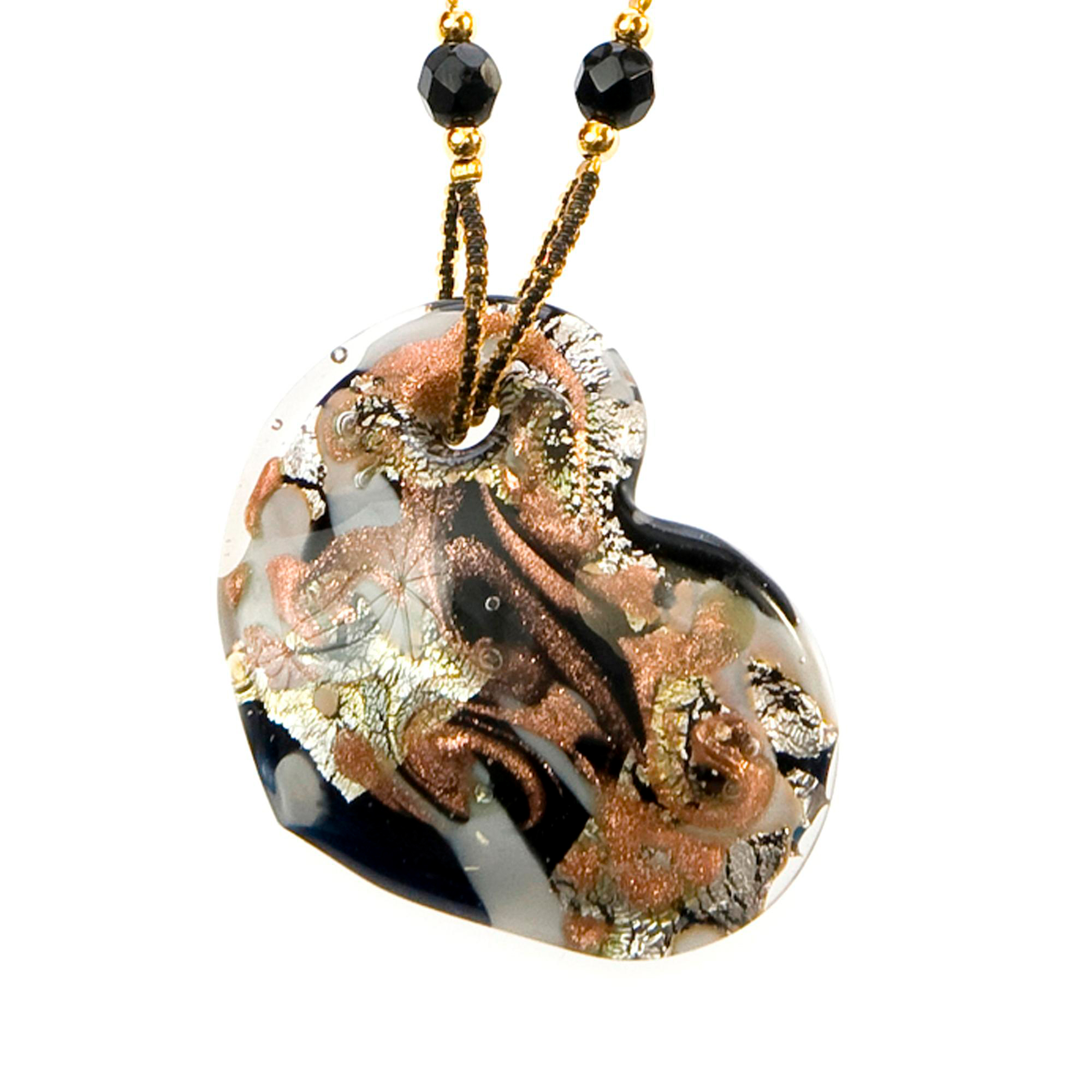Edles Murano Glas Herz "Capri" Halskette-schwarz-silber-kupfer