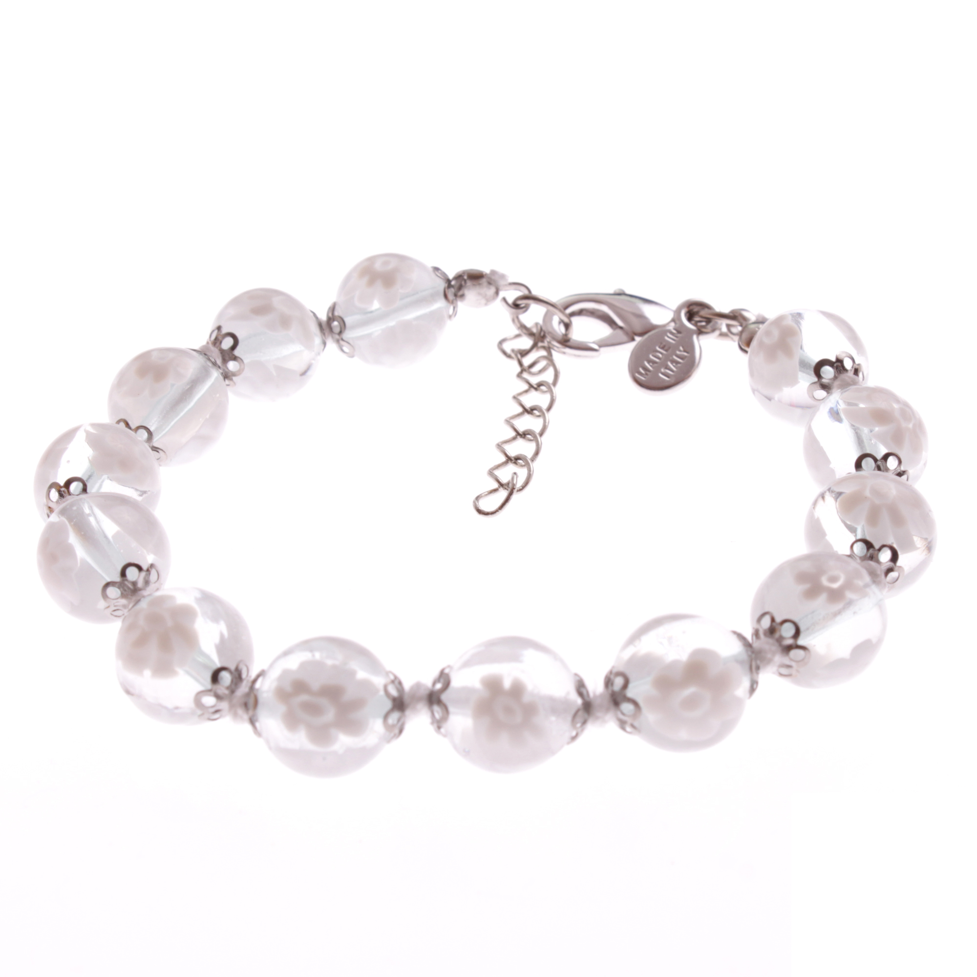 Erlesenes Murano Glas Armband "Concento uni" Mille Fiori 10mm-weiß silber