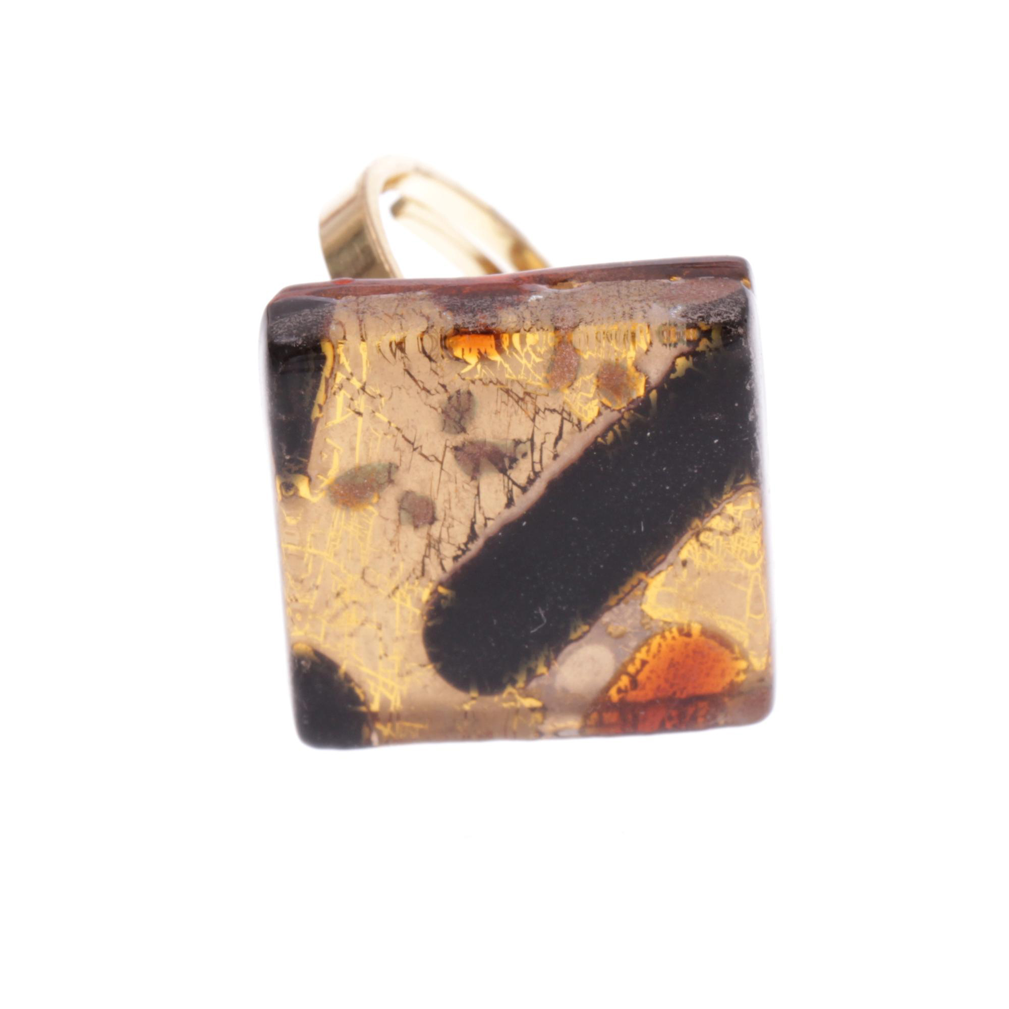 Quadratischer Murano Glas Ring "Violetta"-braun-gold