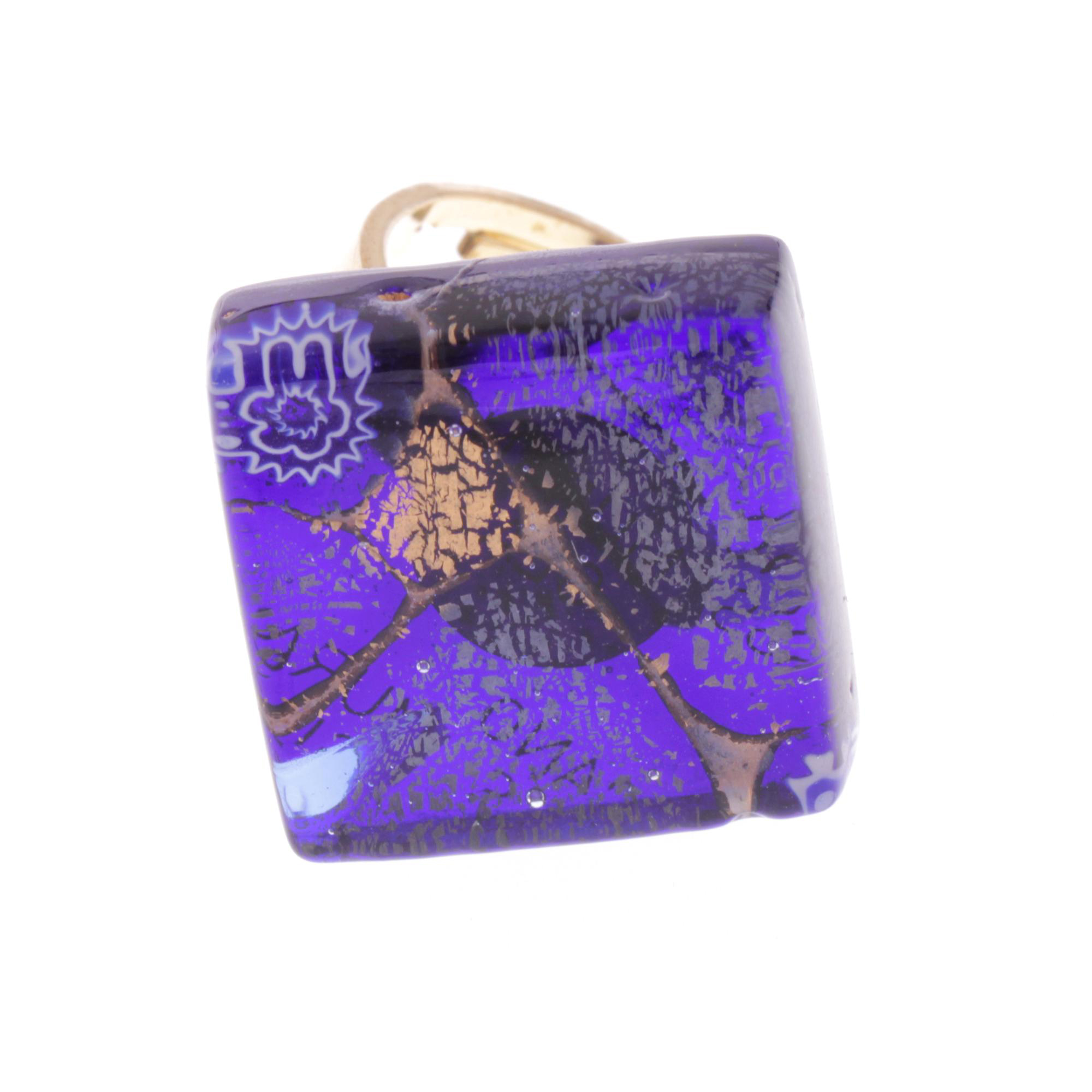 Quadratischer Murano Glas Ring "Violetta"-blau-gold