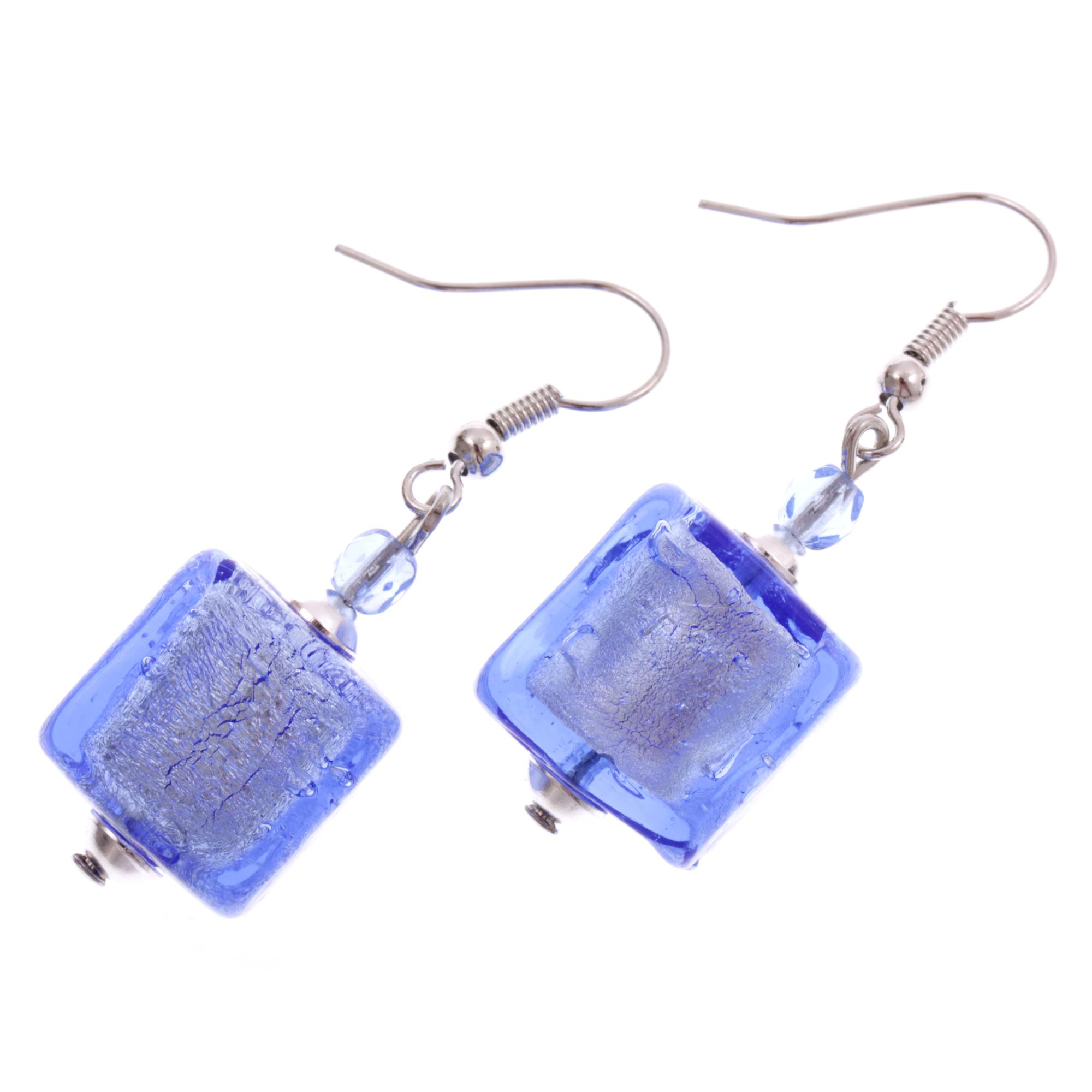 Chicer Würfel Ohrring "Ancora" Murano Glas Ohrschmuck-blau-silber