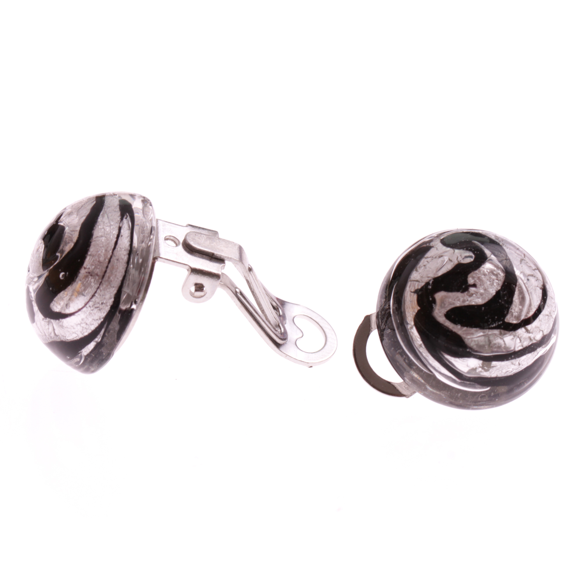 Murano Glas Ohrclip "Pia" -schwarz-silber