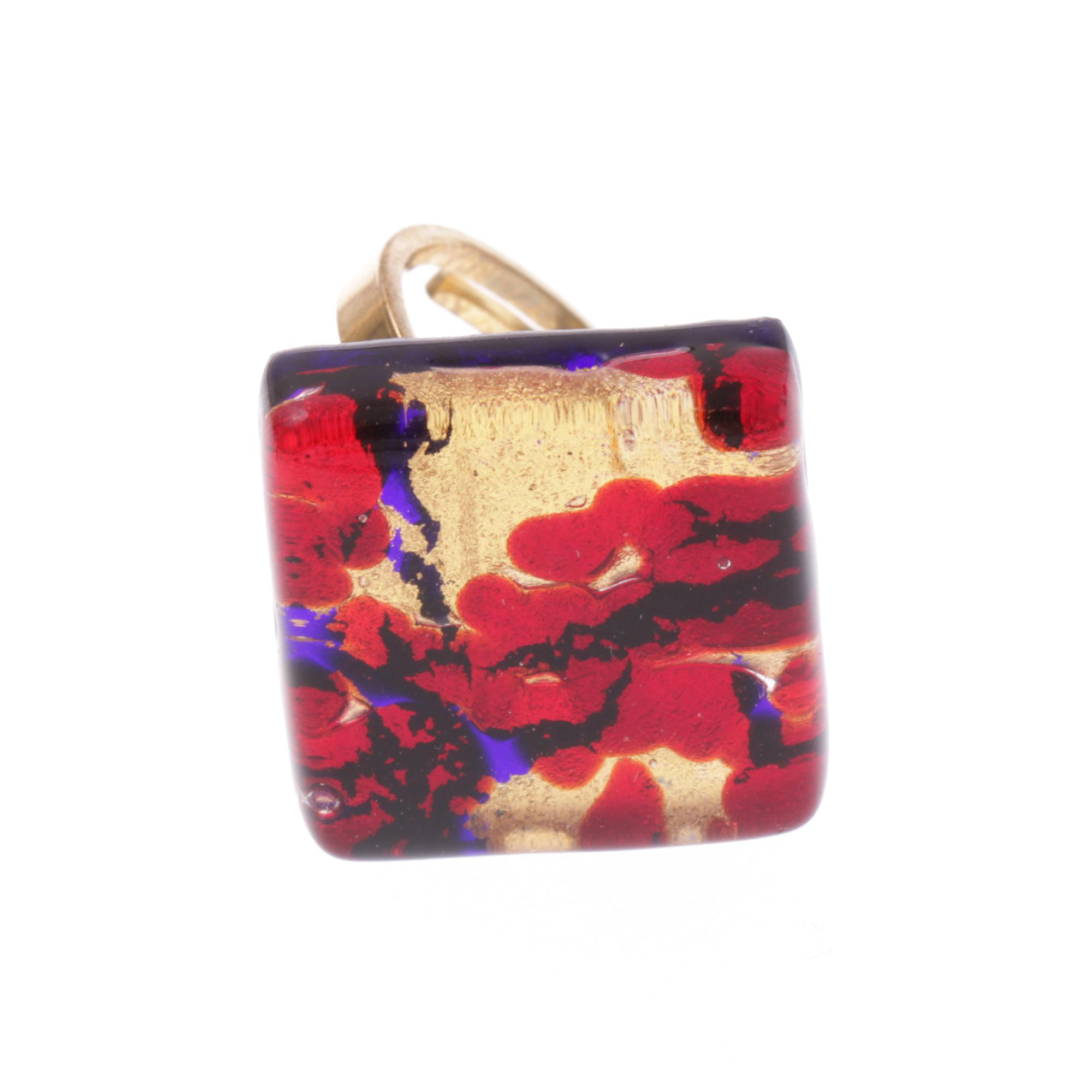 Quadratischer Murano Glas Ring "Violetta"-rot-gold