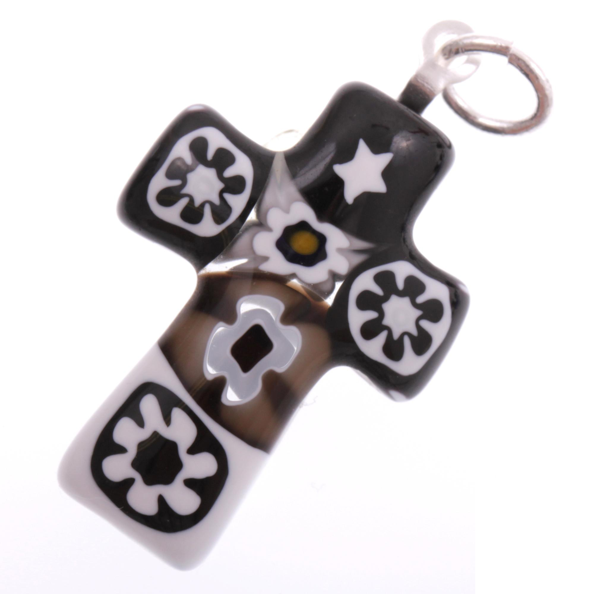 Murano Glas Kreuz "Rood Piccino" Anhänger Mille Fiori-schwarz