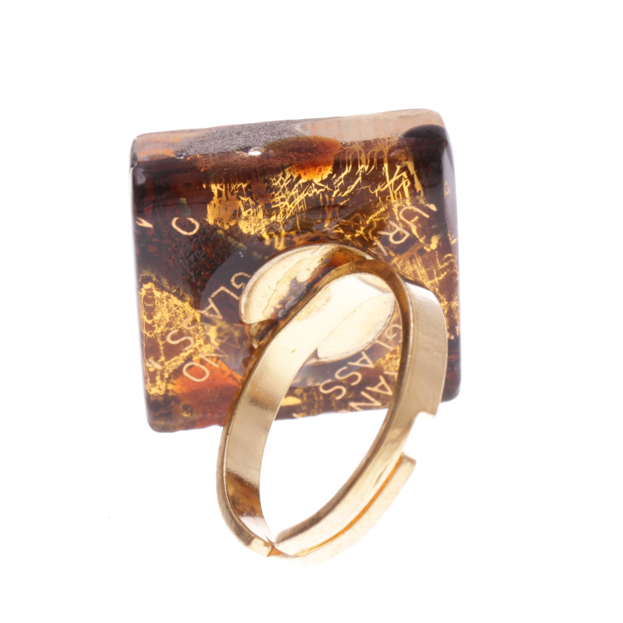 Quadratischer Murano Glas Ring "Violetta"-braun-gold