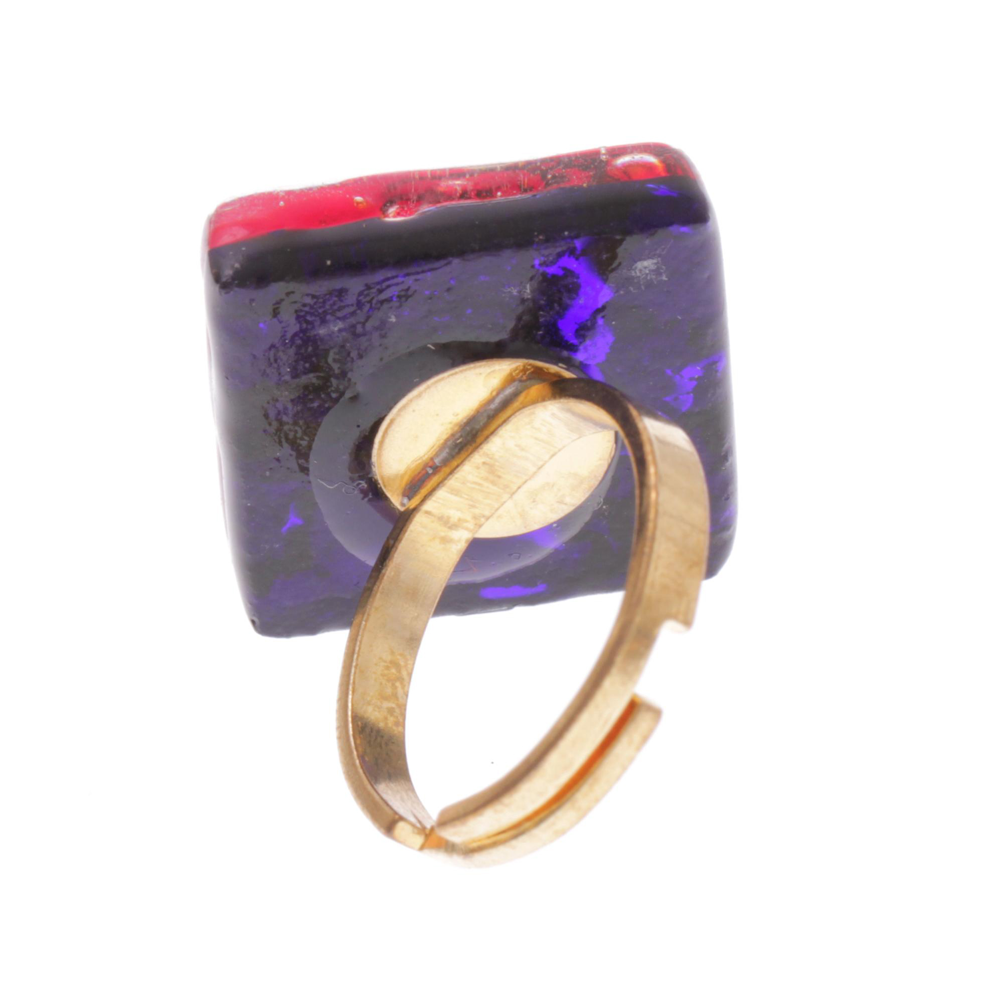 Quadratischer Murano Glas Ring "Violetta"-rot-gold