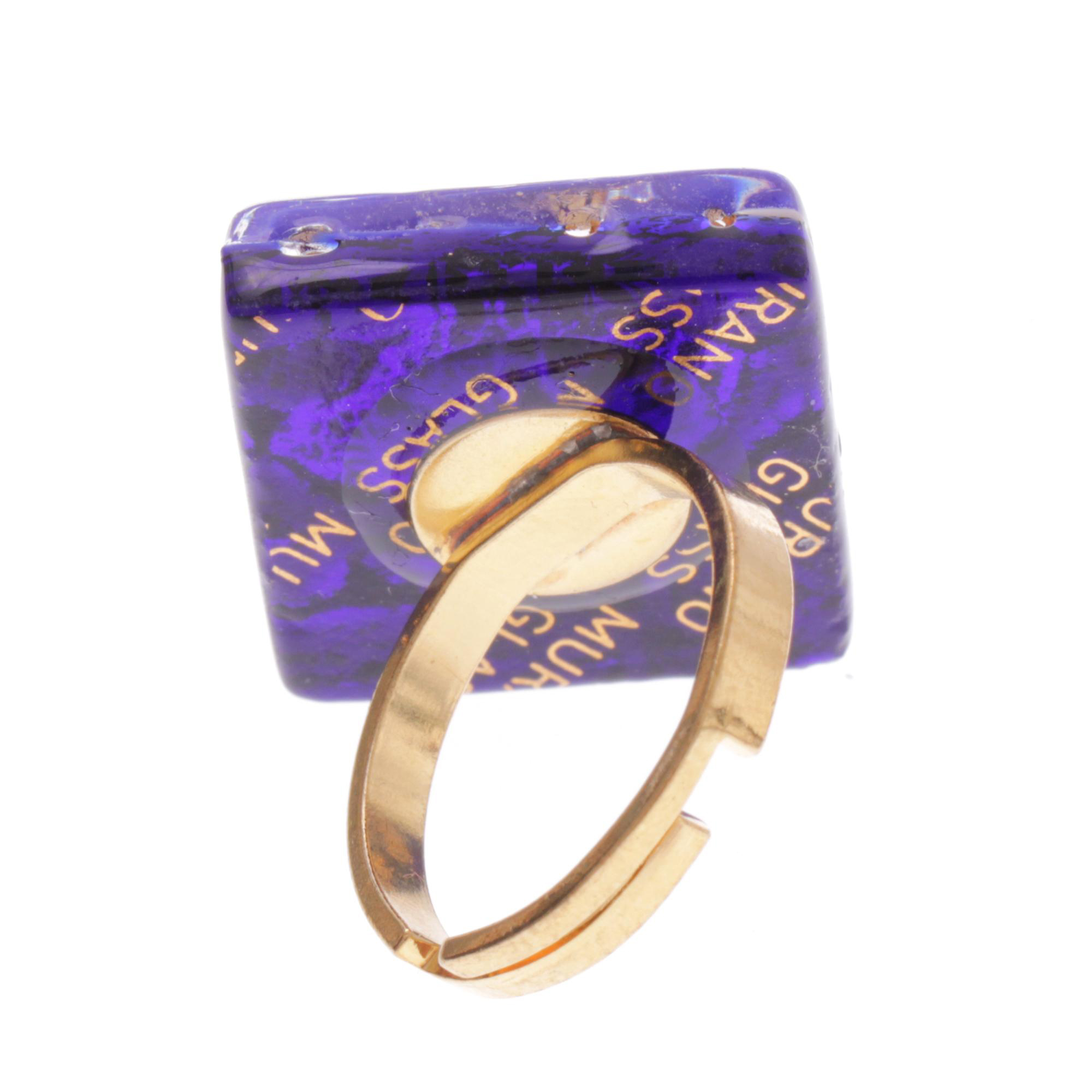 Quadratischer Murano Glas Ring "Violetta"-gold-dunkelblau