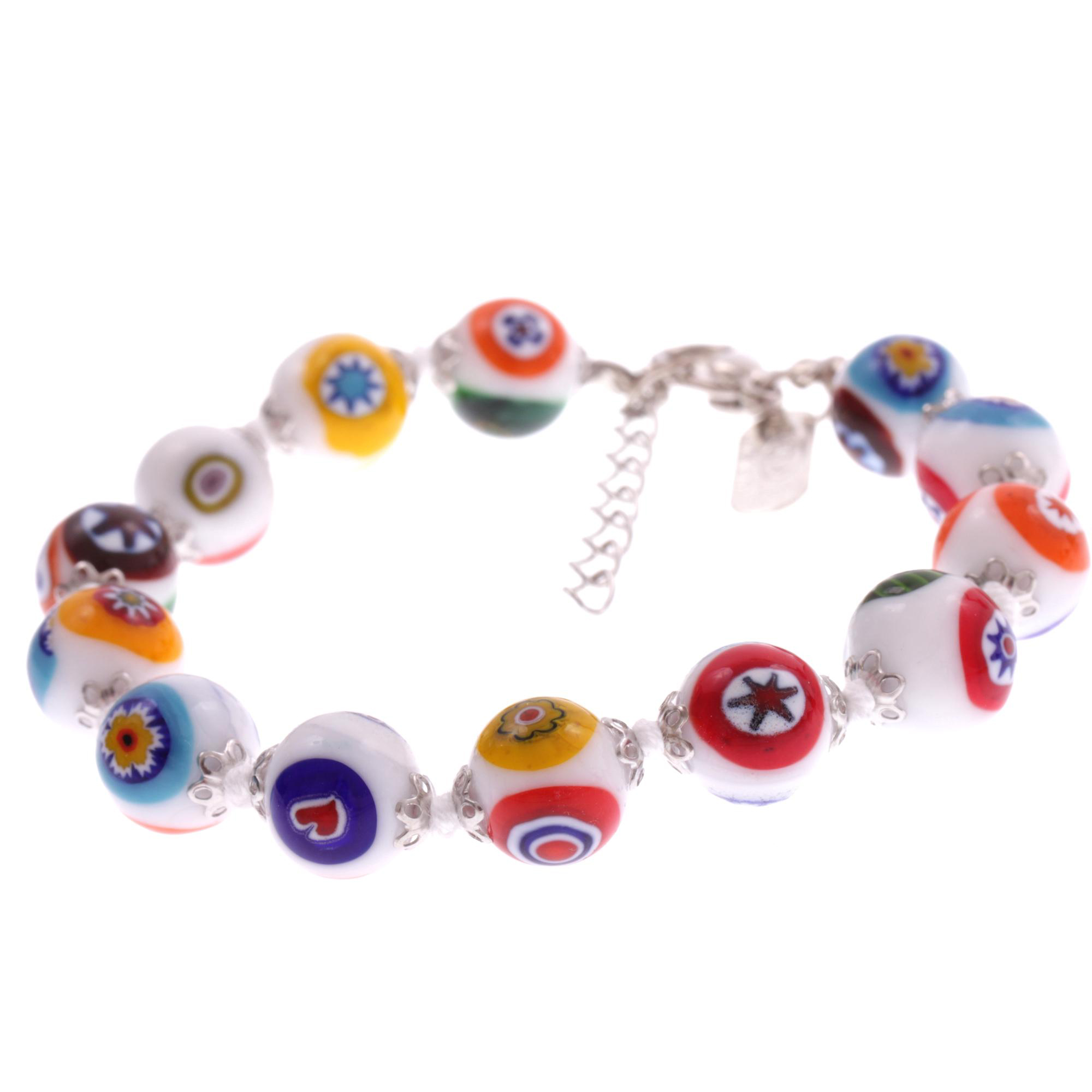 Erlesenes Murano Glas Armband "Concento" Mille Fiori 10 mm-weiß silber