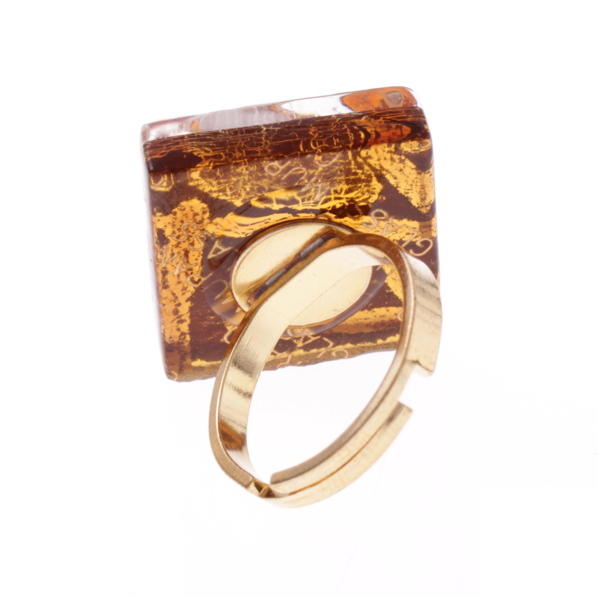 Quadratischer Murano Glas Ring "Violetta"-amber-gold