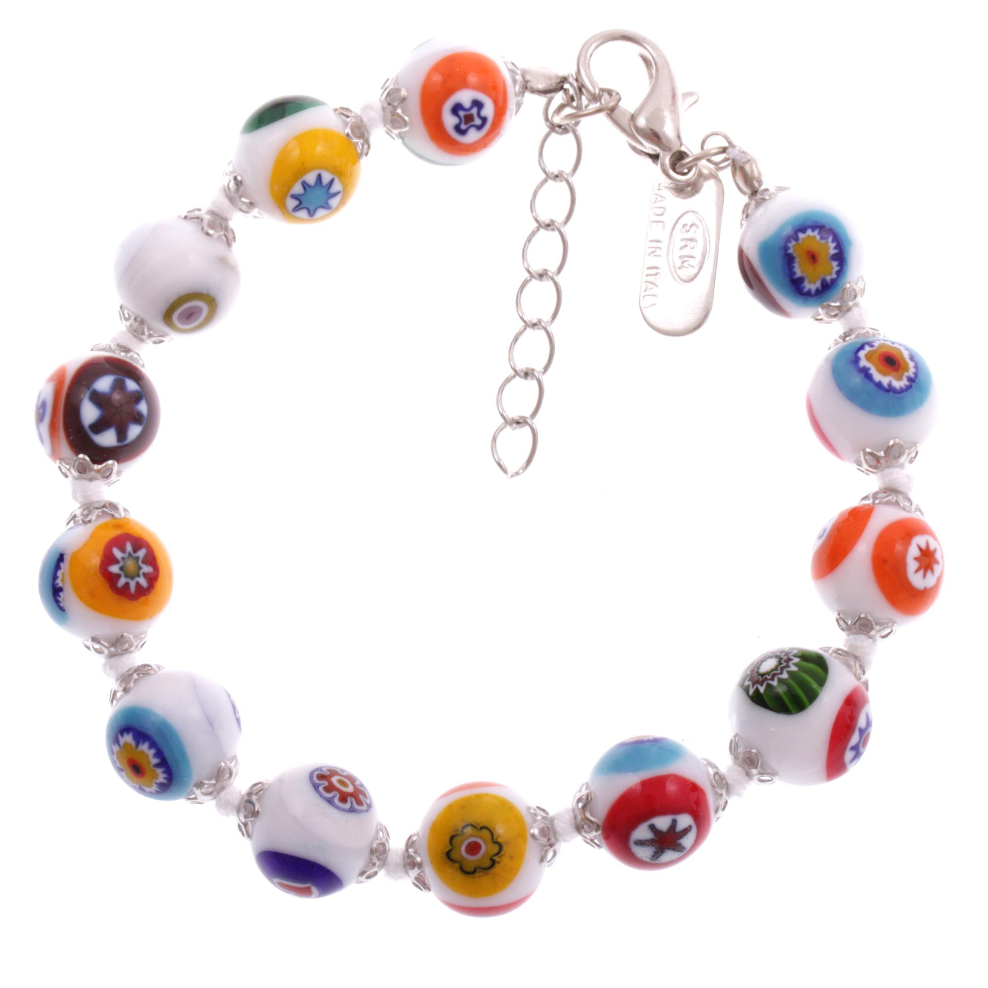 Erlesenes Murano Glas Armband "Concento" Mille Fiori 10 mm-weiß silber